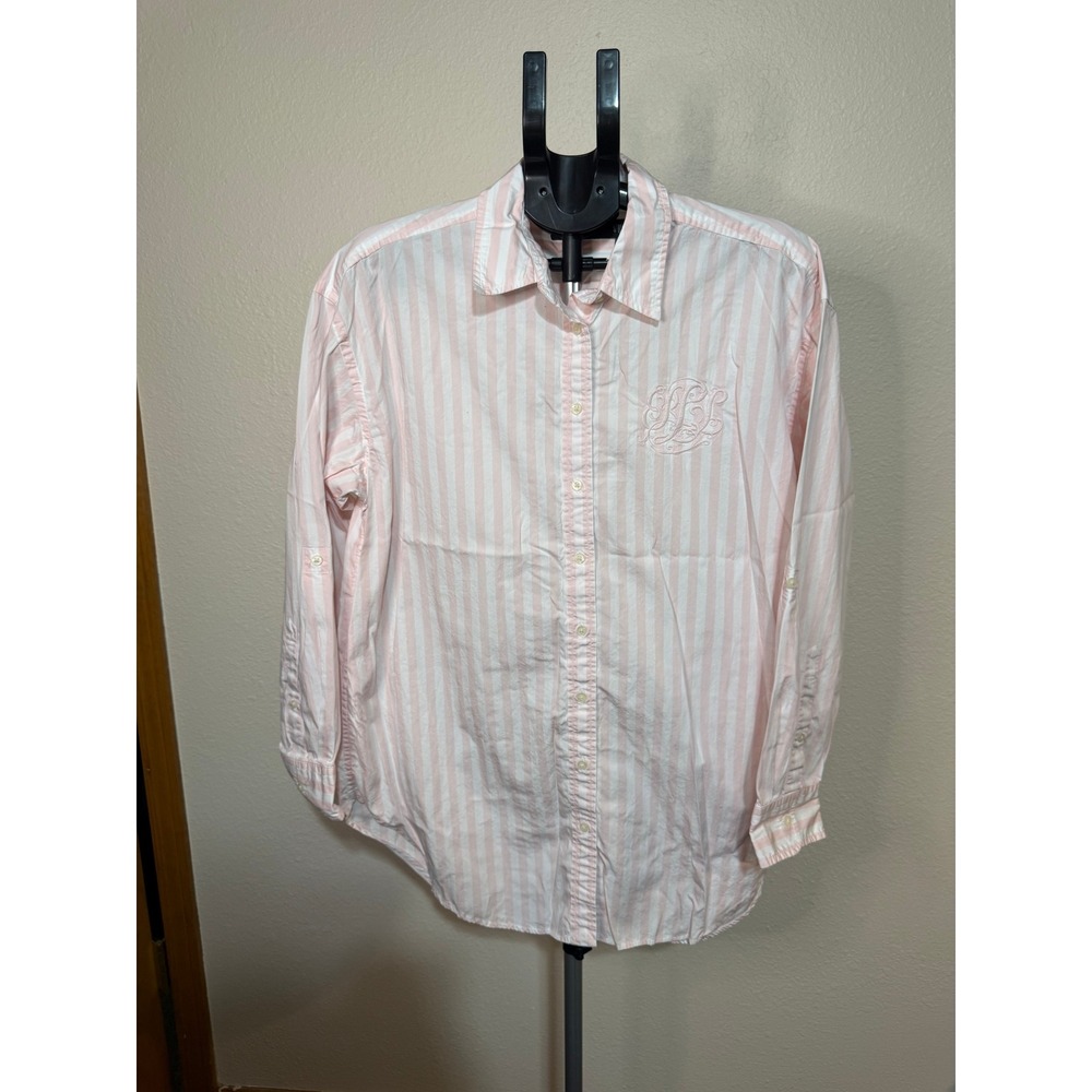 Lauren Ralph Lauren Pink White Striped Monogram Roll Tab Sleeve Cotton Shirt L